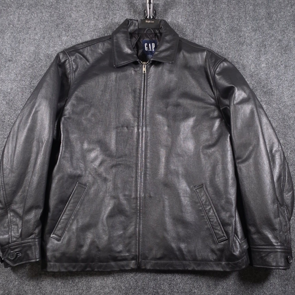 Vintage Gap Leather Harrington Bomber Jacket Mens Large Black Quilted Full Zip